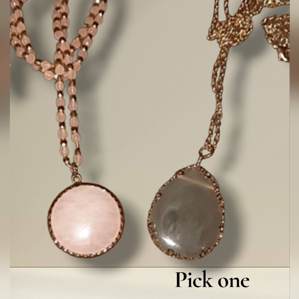 Pick 1 quartz two-sided goldtone long necklaces pink,  grey gemstone